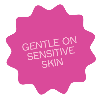 Pink starburst with 'Gentle on Sensitive Skin' text on a white background