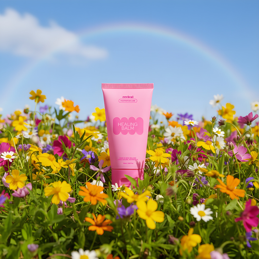 Pink tube of 'revival' balm in a field of flowers with a rainbow in the sky