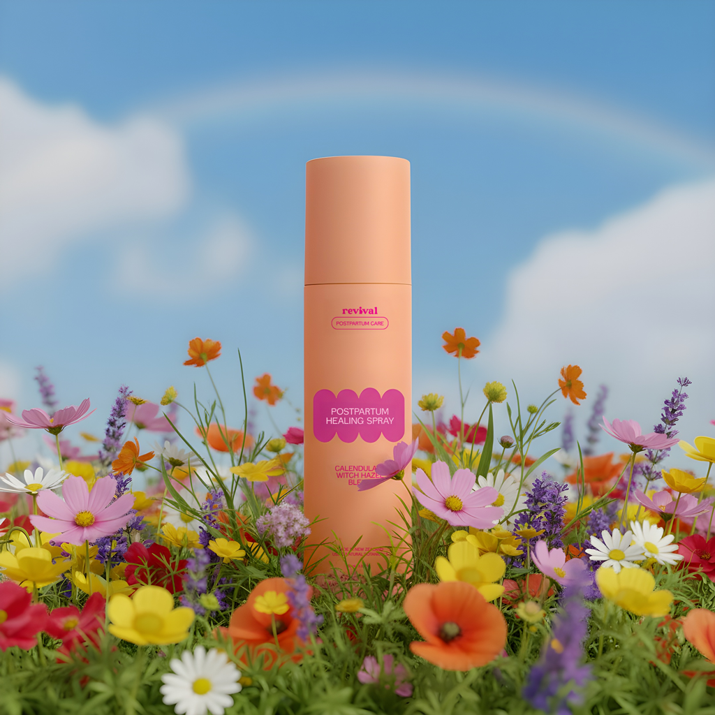 Postpartum healing spray bottle in a field of flowers with a blue sky background