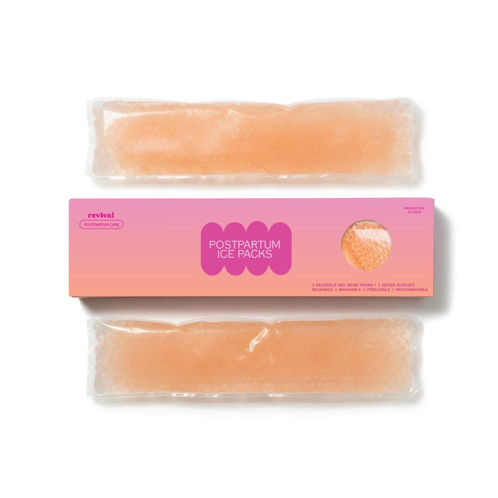 Two postpartum ice packs with a pink packaging labeled 'revival' on a white background.
