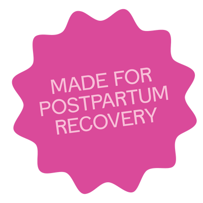 Pink starburst with 'Made for Postpartum Recovery' text on a white background