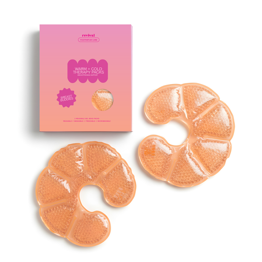 Two pink gel packs and their packaging on a white background
