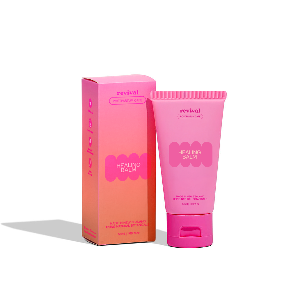 Pink 'revival' Healing Balm with packaging on a white background