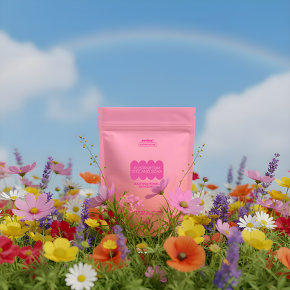 Pink bath soak on bed of flowers
