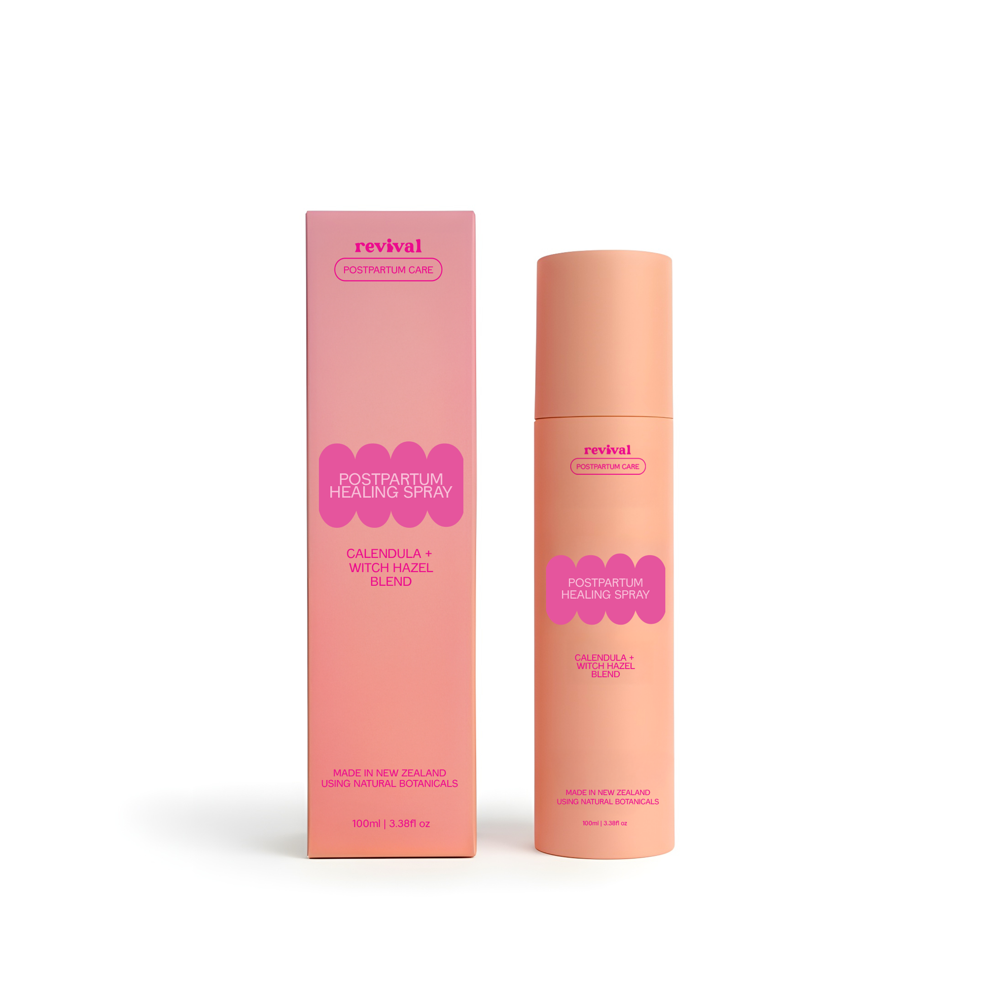 Revival Postpartum Healing Spray with packaging on a white background