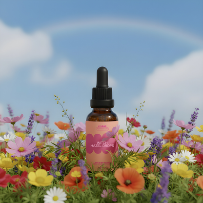 Bottle of witch hazel drops surrounded by flowers with a rainbow in the sky