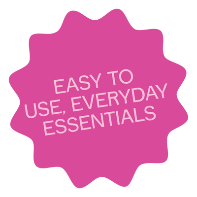 Pink starburst with 'Easy to Use, Everyday Essentials' text on a white background